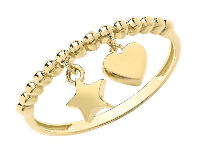 Ladies 9ct Yellow Gold 1.7mm Bobble Bead Ribbed Ring With Star & Heart Charm Hallmarked 375 - Real 9K Gold