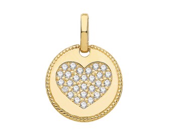 Small 9ct Yellow Gold 8mm Round Disc Tag Pave Cz Heart Charm Pendant Hallmarked - Solid 9K Gold