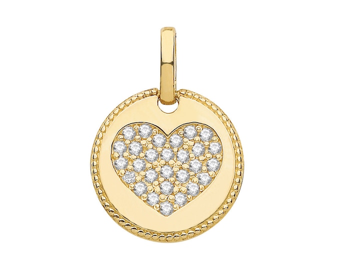 Small 9ct Yellow Gold 8mm Round Disc Tag Pave Cz Heart Charm Pendant Hallmarked - Solid 9K Gold