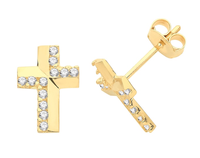 Contemporary 9ct Yellow Gold Pave Cz Cross Stud Earrings 8x6mm - Real 9K Gold