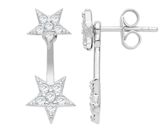 925 Sterling Silver Double Pave Cz Celestial Star Drop Stud Earrings