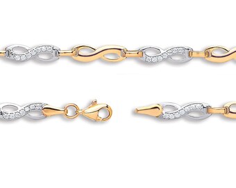 Infinity Cz Link Bracelet 9ct 2 Colour Gold 7" Bracelet Hallmarked - Real 9K Gold