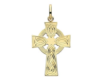 9ct Yellow Gold Celtic Knot Engraved Cross Pendant 27x20mm Hallmarked