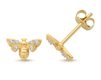 9ct Yellow Gold 7x5mm Small Bumble Bee Cz Stud Earrings - Solid 9K Gold