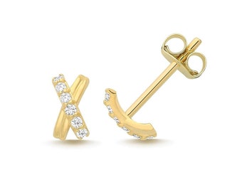 9ct Yellow Gold Pave Cz Kiss X Stud Earrings 6x3.3mm- Real 9K Gold
