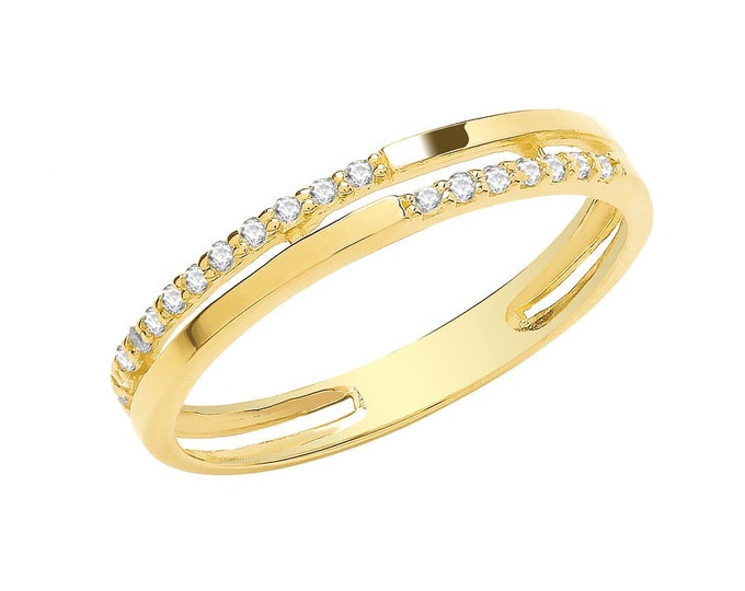 Ladies 9ct Yellow Gold Double Band Pave Cz Ring Hallmarked 375 - Real 9K Gold