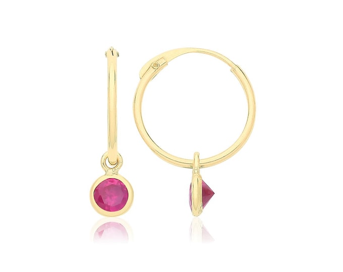 Dainty 9ct Yellow Gold 8mm Diameter Sleeper Hoop Earrings With Hanging Red Cz Charm - Real 9K Gold