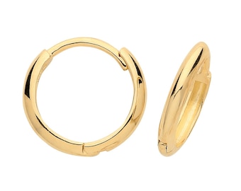 9ct Yellow Gold 10mm Diameter Hinged D Shaped Hoop Earrings - Real 9K Gold