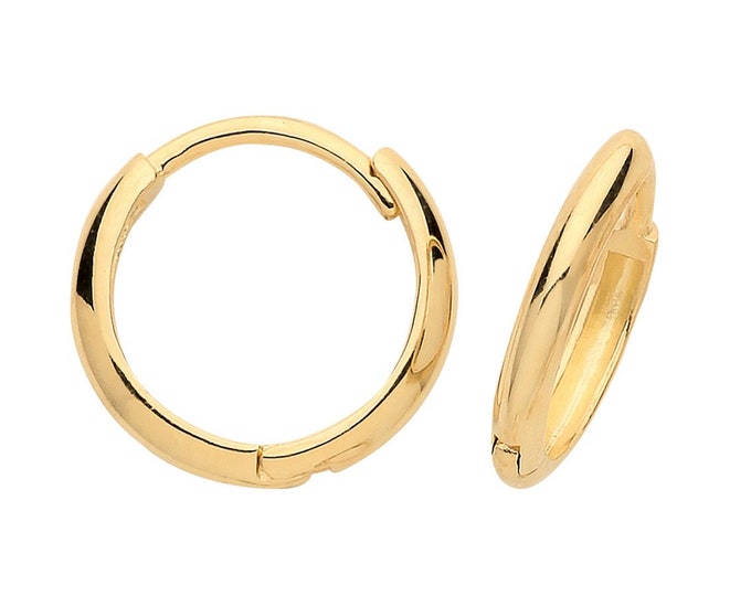 9ct Yellow Gold 10mm Diameter Hinged D Shaped Hoop Earrings - Real 9K Gold