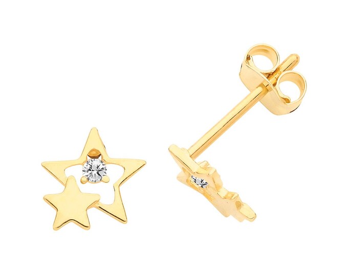 9ct Yellow Gold Small Double Star Cz Stud Earrings - Real 9K Gold