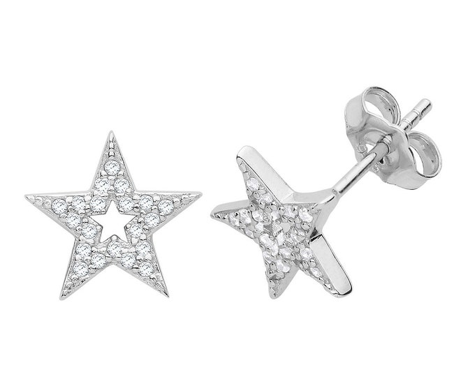 925 Sterling Silver 8mm Pave Cz Celestial Star Shaped Stud Earrings