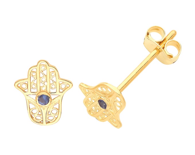 9ct Yellow Gold Small Blue Cz 7x5mm Hamsa Hand Stud Earrings - Real 9K Gold