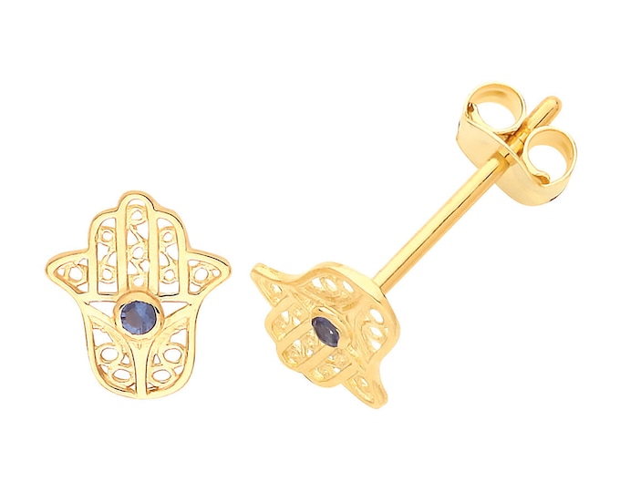 9ct Yellow Gold Small Blue Cz 7x5mm Hamsa Hand Stud Earrings - Real 9K Gold