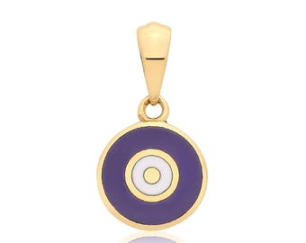 9ct Yellow Gold 7mm Dark Blue Enamel Evil Eye Round Disc Charm Pendant - Real 9K Gold