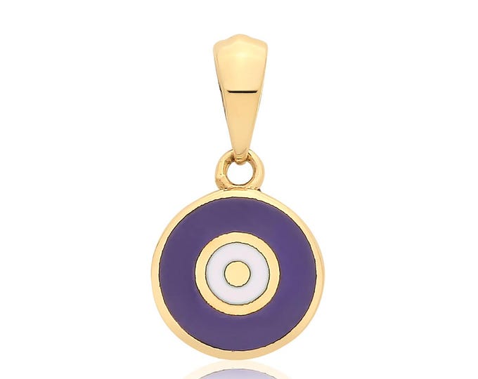 9ct Yellow Gold 7mm Dark Blue Enamel Evil Eye Round Disc Charm Pendant - Real 9K Gold