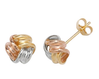 9ct Tri Colour Gold 8mm Twisted Ribbon Knot Stud Earrings - Real 9K Gold