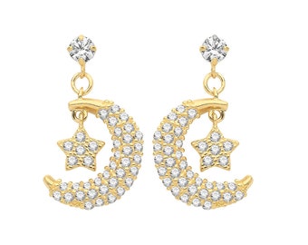9ct Yellow Gold Pave Cz Moon & Star 1.5cm Drop Earrings - Real 9K Gold