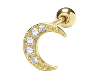 9ct Yellow Gold Cz Pave Half Moon Crescent Helix Cartilage 6mm Bar Single Stud Screw Back Earring - Real 9K Gold