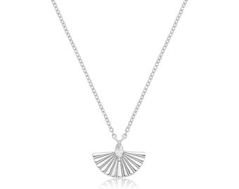 Sterling Silver Marquise CZ Fan Necklace Rhodium Plated 17.5"