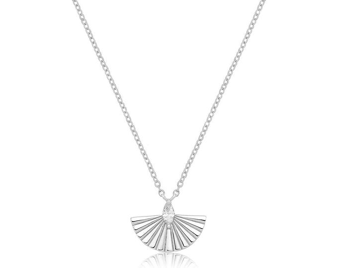 Sterling Silver Marquise CZ Fan Necklace Rhodium Plated 17.5"