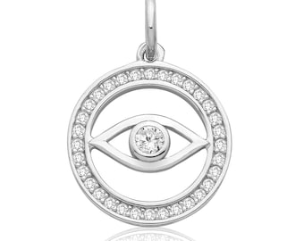 925 Sterling Silver Pave Cz  Evil Eye 14mm Round Circle Pendant