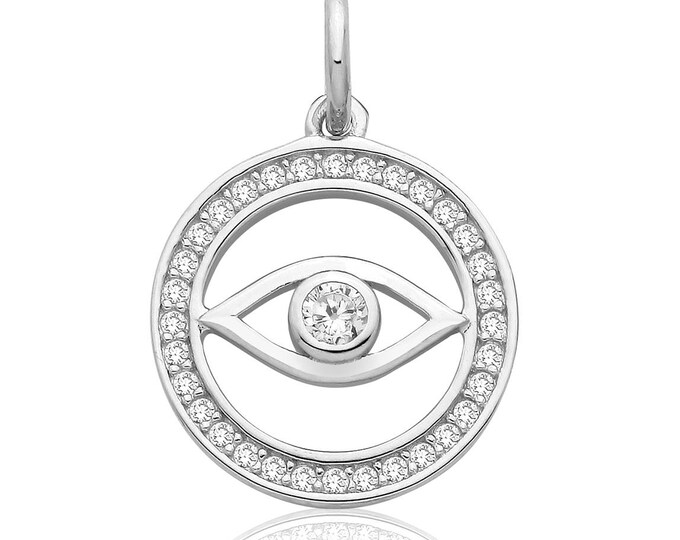 925 Sterling Silver Pave Cz  Evil Eye 14mm Round Circle Pendant