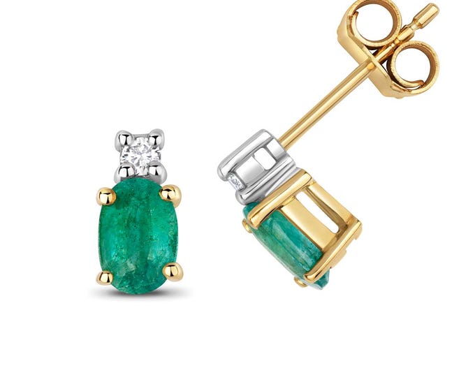9ct Gold 0.08ct Diamond & Oval Cut 6x4mm Emerald Stud Earrings - Real 9K Gold