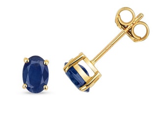 Oval Cute Blue Sapphire 6x4mm Claw Set Stud Earrings 9K Yellow Gold Real Sapphires