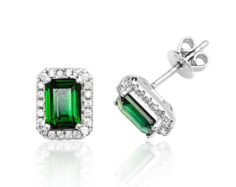 Emerald Cut Green Cz Halo Cluster Stud Earrings 925 Sterling Silver Rhodium Plated