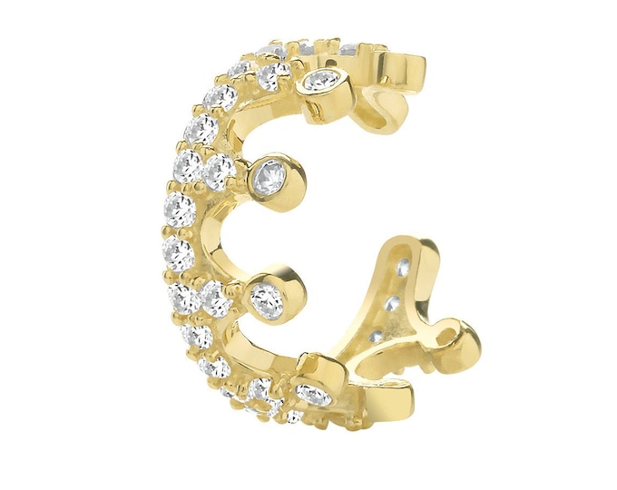 9ct Yellow Gold Pave Set Cz 8mm Crown Cartilage Cuff Single Hoop Earring - Real 9K Gold