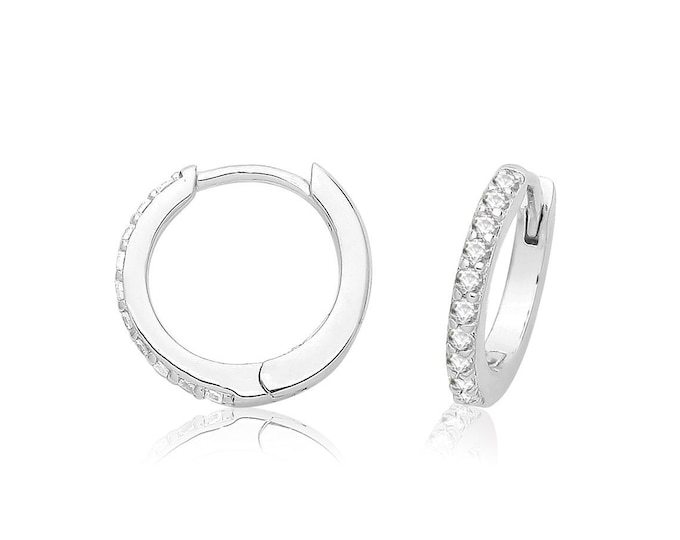 925 Sterling Silver 9mm Diameter Channel Set Cz Hinged Huggies Hoop Earrings Rhodium Plated