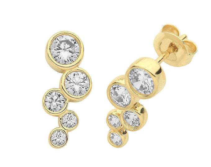 9ct Yellow Gold 5 Stone Waterfall Cluster Bezel Set Cz Stud Earrings - Real 9K Gold