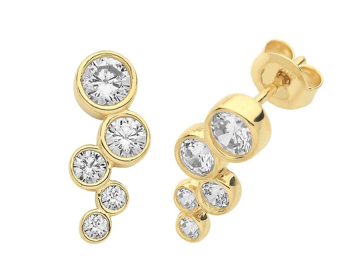 9ct Yellow Gold 5 Stone Waterfall Cluster Bezel Set Cz Stud Earrings - Real 9K Gold