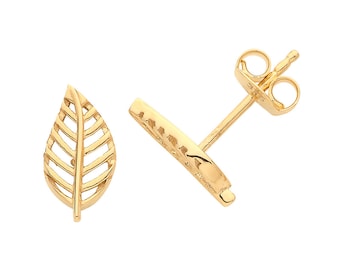 Modern 9ct Yellow Gold Small Leaf Stud Earrings- Real 9K Gold