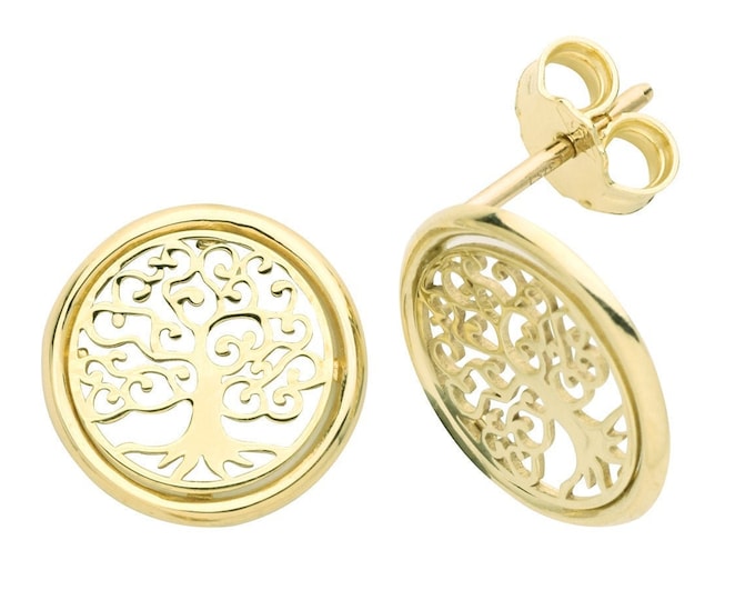 9ct Yellow Gold Filigree Tree of Life 12mm Round Stud Earrings - Real 9K Gold