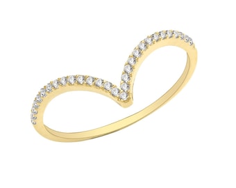 Ladies 9ct Yellow Gold 1.5mm Band Pave Cz Wishbone Ring - Real 9K Gold 375