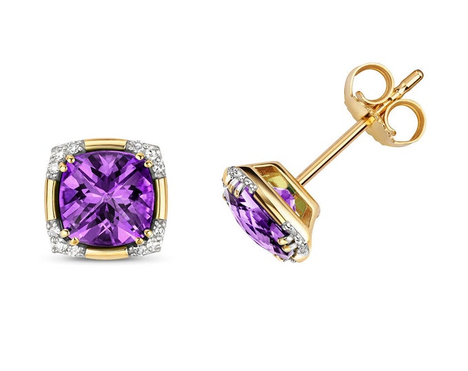 9K Gold Diamond & Purple Amethyst Cushion Cut Art Deco Stud Earrings