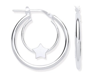 925 Sterling Silver 25mm Double Tube Star Hoop Earrings
