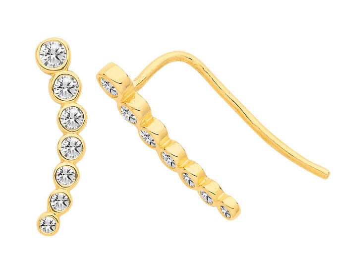 9ct Yellow Gold 12mm Graduated Bezel Cz Climber Threader Earrings - Real 9K Gold