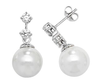 Rhodium Plated 925 Sterling Silver Solitaire Cz Drop Earrings With 10mm Freshwater Pearls
