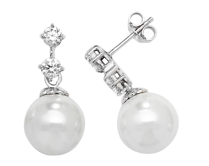 Rhodium Plated 925 Sterling Silver Solitaire Cz Drop Earrings With 10mm Freshwater Pearls