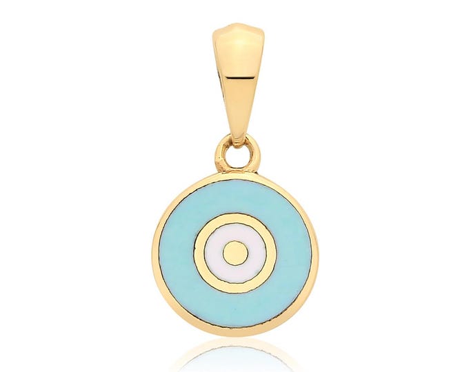 9ct Yellow Gold 7mm Dark Blue Enamel Evil Eye Round Disc Charm Pendant - Real 9K Gold