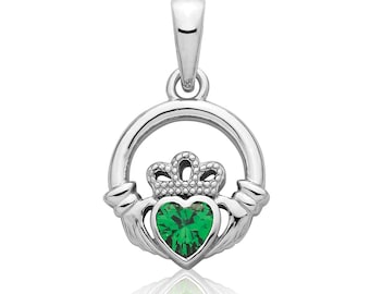 Irish Claddagh Green Cz Heart Shaped 925 Sterling Silver 14mm Pendant Rhodium Plated