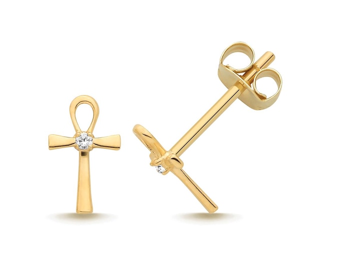 Modern 9ct Yellow Gold Small 8x5mm Egyptian Ankh Cz Cross Stud Earrings- Real 9K Gold