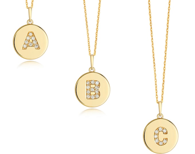 9ct Yellow Gold 10mm Diamond Initial Disc Pendants Letters A-Z Hallmarked - Real 9K Gold