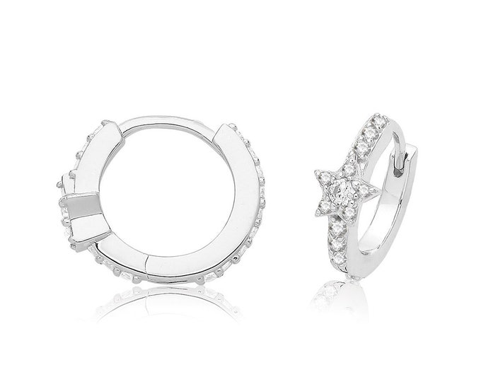 925 Sterling Silver 9mm Diameter Channel Set Star Cz Huggies Hoop Earrings Rhodium Plated