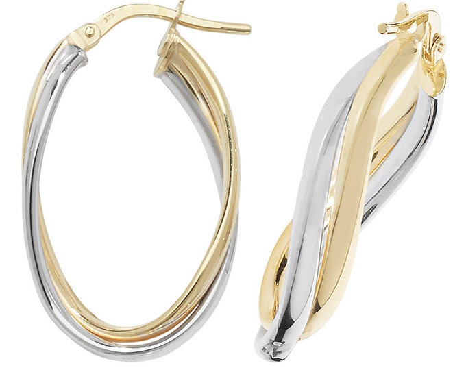 9ct Bi Colour Gold 24x15mm Twisted Wave Double Oval Hoop Earrings - Real 9K Gold