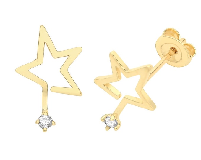 Modern Cut Out Design 9ct Yellow Gold Shooting Star Cz Stud Earrings - Real 9K Gold