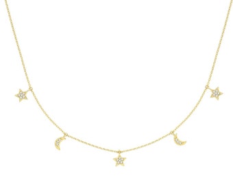 9ct Yellow Gold Interstellar Hanging Cz Star & Moon Charm Chain 15.5" to 17.5" Necklace Hallmarked - Real 9K Gold