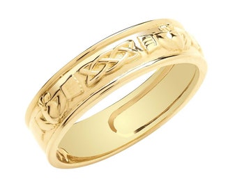 9ct Yellow Gold 6mm Embossed Celtic Knot Irish Claddagh Ring Hallmarked 375 - Solid 9K Gold